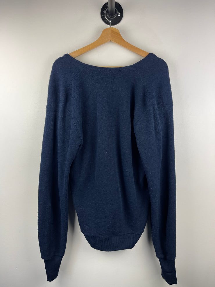 Vintage 90s Izod Embroidered Navy Wool Knit Cardigan Sweater