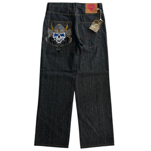 Vintage Y2K Ed Hardy Samurai Skull Embroidered Baggy Black Denim Jeans
