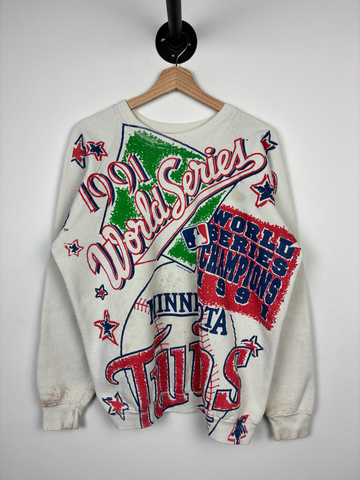 Vintage 90s MLB Minnesota Twins World Series Champions All Over Print White Crewneck