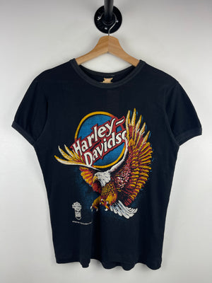 Vintage 80s Harley Davidson Bald Eagle Black Ringer Tee