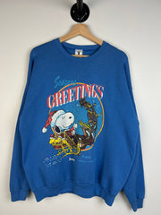 Vintage 90s Snoopy Season Greetings Holidays Blue Crewneck