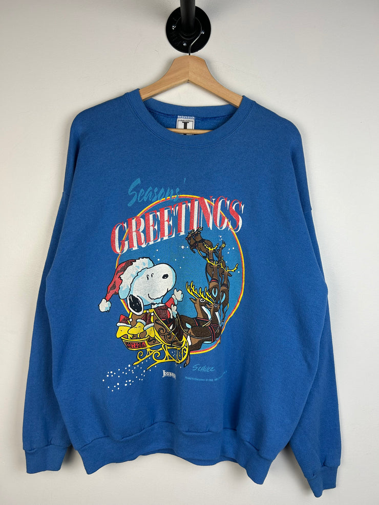 Vintage 90s Snoopy Season Greetings Holidays Blue Crewneck