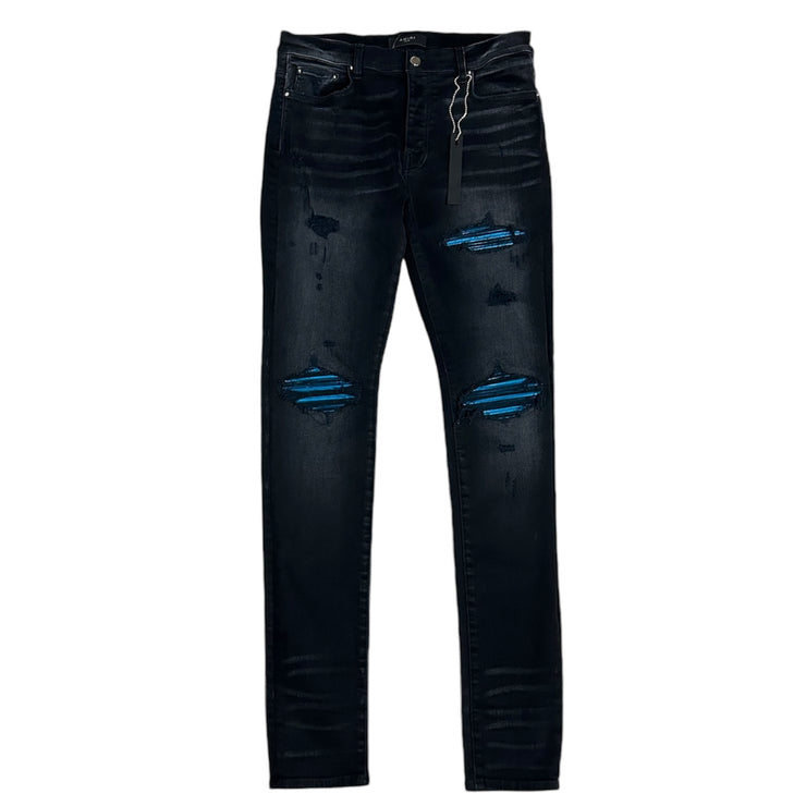 Amiri MX1 Blue Ultrasuede Patch Black Jeans