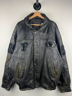 Vintage Fubu Sports Faded Black Leather Bomber Jacket