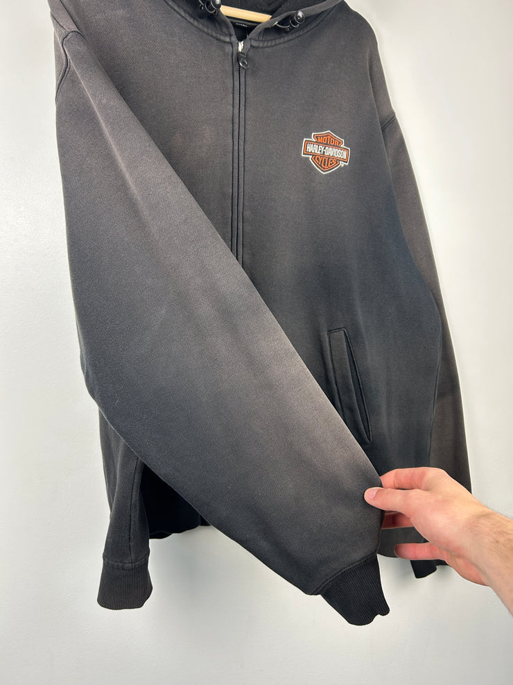 Vintage Harley Davidson Embroidered Faded Black Zip Up Hoodie