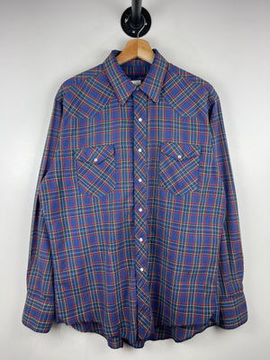 Vintage 90s Wrangler Western Pearl Snap Plaid Blue Long Sleeve Button Up Shirt