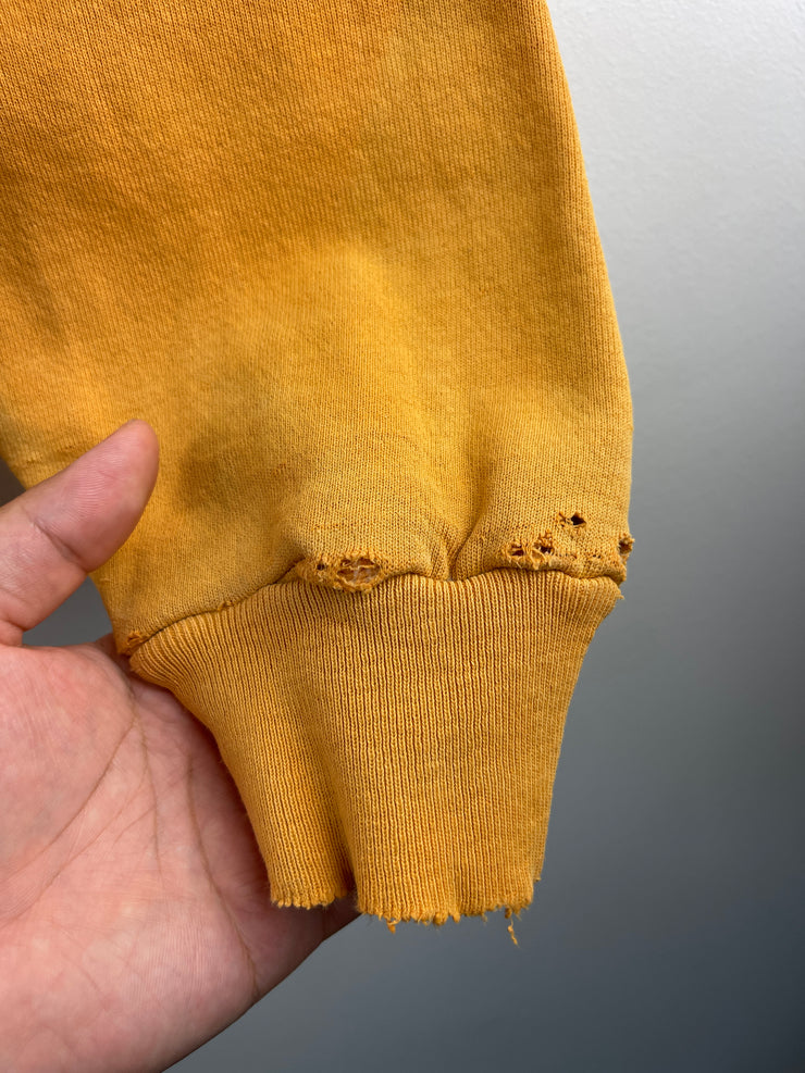 Vintage 90s Champion Embroidered Spellout Thrashed Mustard Yellow Crewneck
