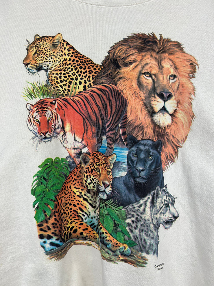 Vintage 90s Wildlife Lion Tiger Cheetah White Crewneck