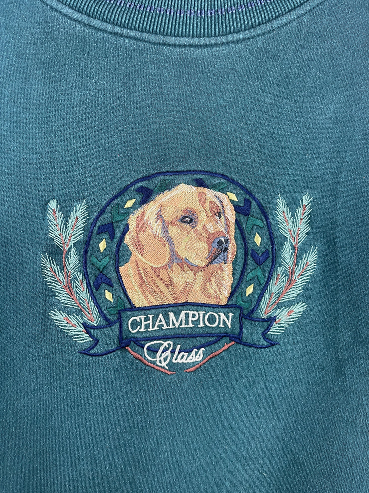 Vintage 90s Dog Golden Retriever Champion Class Embroidered Green Crewneck