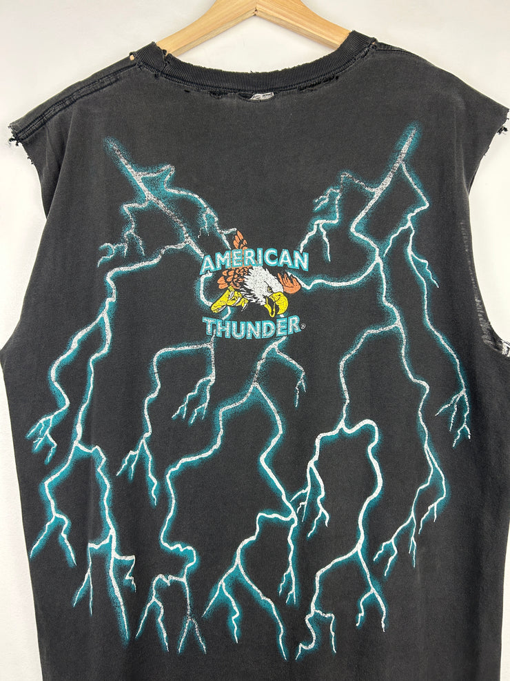 Vintage 90s American Thunder Hot Rod Street Lethal Thrashed Black Cut Off Tank Top