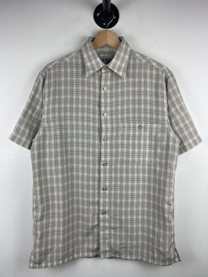 Vintage Marquis Plaid White & Beige Short Sleeve Button Up Shirt