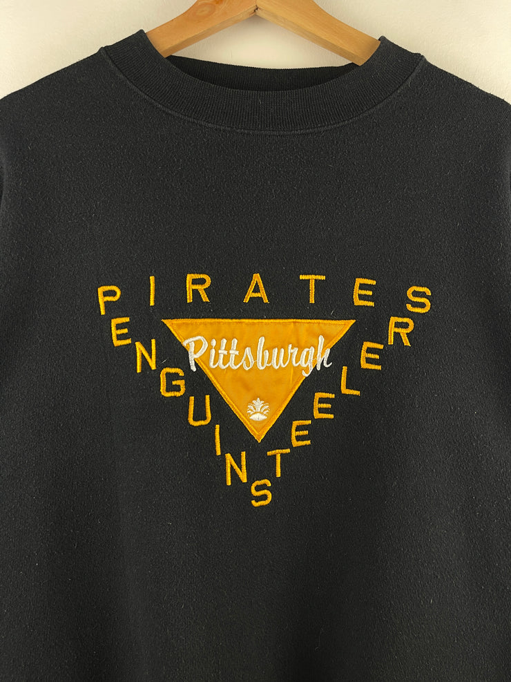 Vintage 90s Pittsburgh Sports Embroidered Black Crewneck
