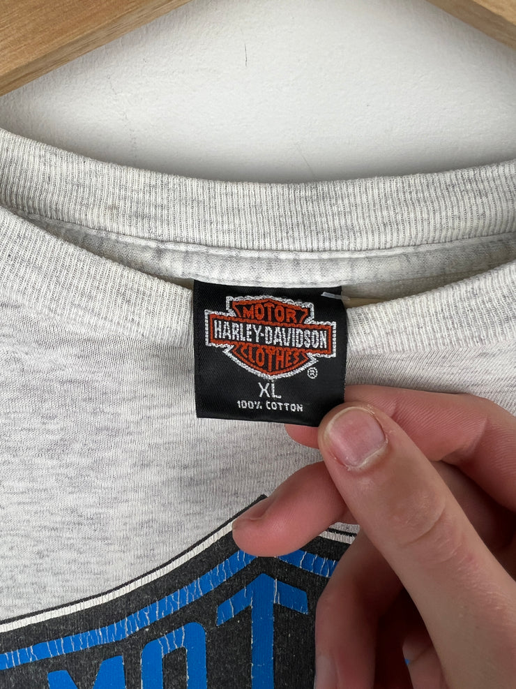 Vintage 80s Harley Davidson Blue Flames Ohio Grey Long Sleeve