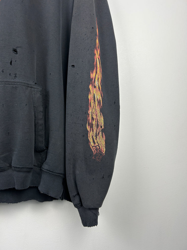 Vintage 90s Fox Racing Flames Thrashed Black Hoodie