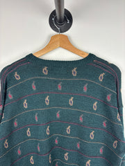 Vintage 90s Peter England Green Pattern Striped Knit Sweater