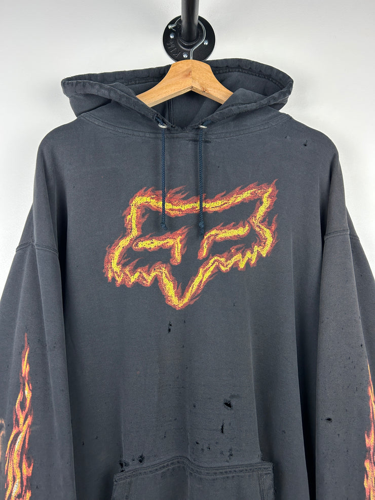 Vintage 90s Fox Racing Flames Thrashed Black Hoodie