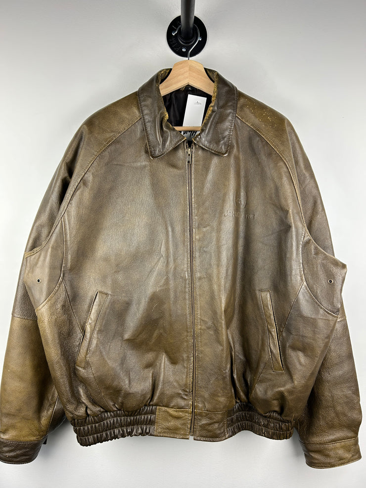 Vintage 90s Burks Bay John Deere Brown Leather Bomber Jacket