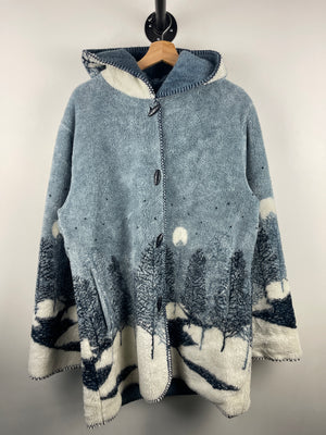 Vintage White Stag Nature Forest Blue & White Sherpa Fleece Hooded Jacket