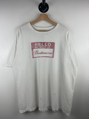 Vintage Budweiser Hello My Beer Is White Tee