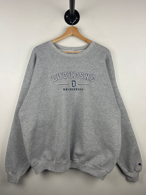 Vintage 90s Champion Pittsburgh Duquesne University Embroidered Grey Crewneck