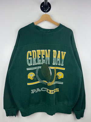 Vintage 90s NFL Crable Green Bay Packers Thrashed Green Crewneck