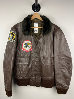 Vintage 70s Scovill Air Force Flight Patches Brown Leather Fur Collar Bomber Jacket