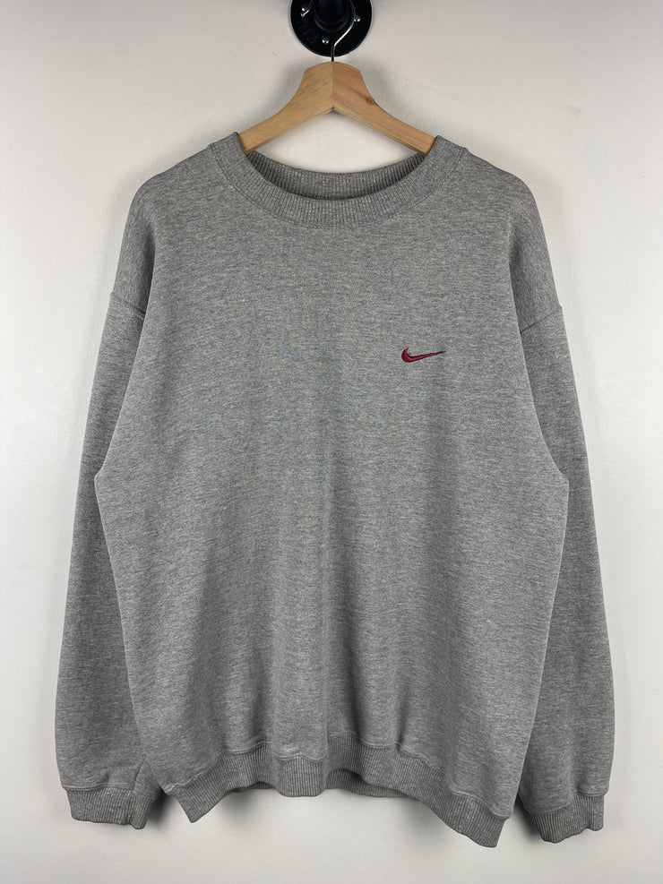Vintage 90s Nike Mini Swoosh Spellout Embroidered Grey Crewneck