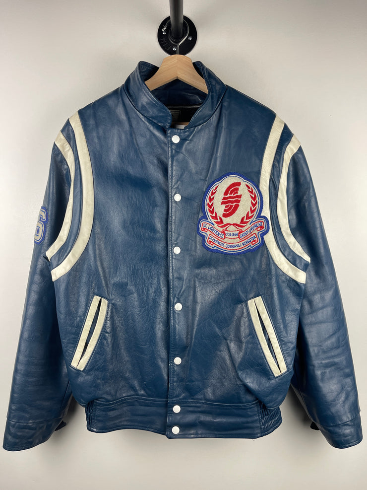 Vintage 80s St. Lawrence College Kingston Ontario Blue Leather Varsity Jacket