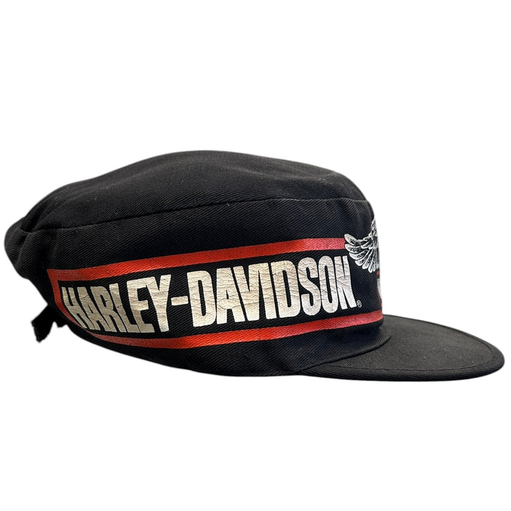Vintage 80s Harley Davidson Eagle Black Pillbox Strapback Hat