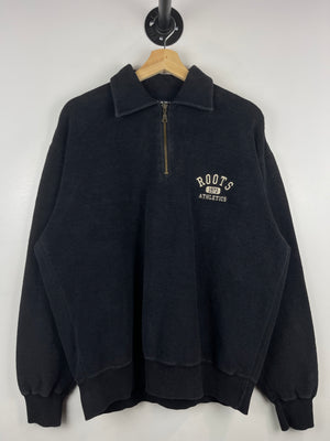 Vintage 90s Roots Athletics Embroidered Black Terry Cloth Quarter Zip Sweater