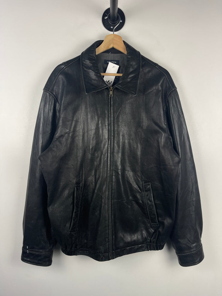 Vintage Nautica Black Leather Cropped Bomber Jacket