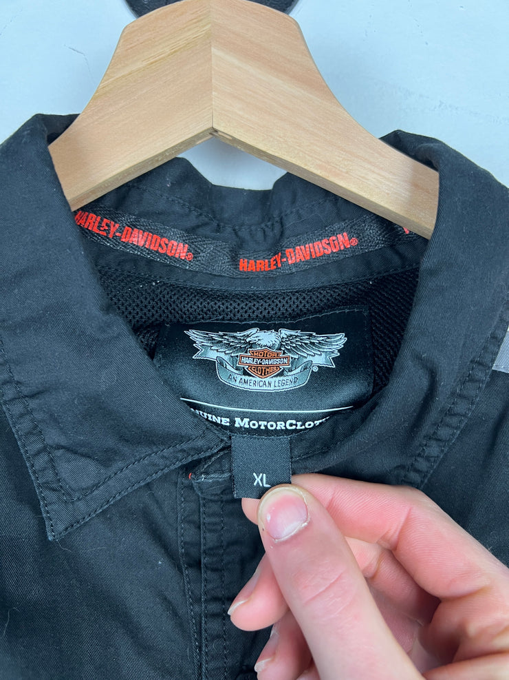 Vintage Harley Davidson Embroidered Black & Orange Button Up Shirt