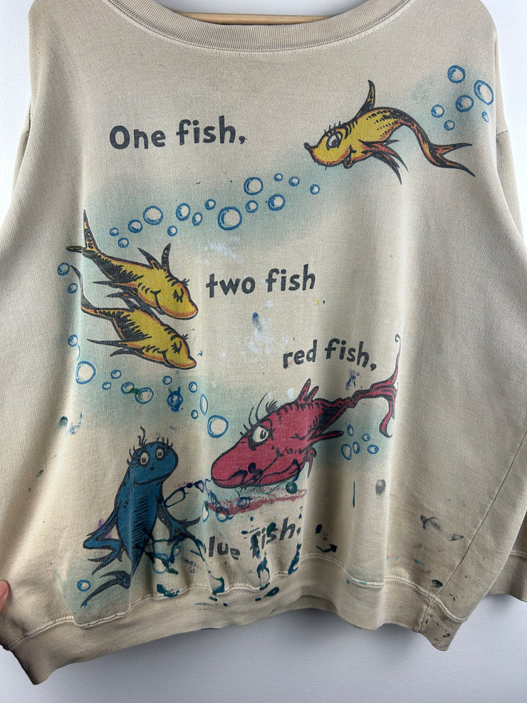 Vintage 90s Dr. Seuss One Fish Two Fish Red Fish Blue Fish Beige Crewneck