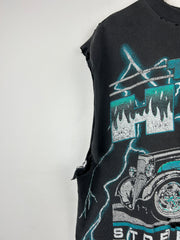 Vintage 90s American Thunder Hot Rod Street Lethal Thrashed Black Cut Off Tank Top