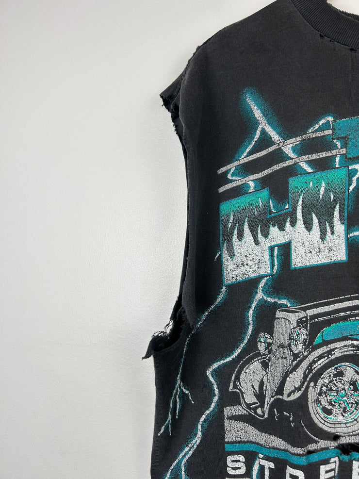 Vintage 90s American Thunder Hot Rod Street Lethal Thrashed Black Cut Off Tank Top