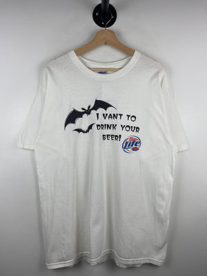 Vintage Miller Lite Bat I Want To Drink Your Beer Halloween White Tee