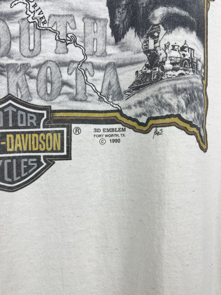 Vintage 90s Harley Davidson Sturgis Black Hills Rally 3D Emblem White Tee