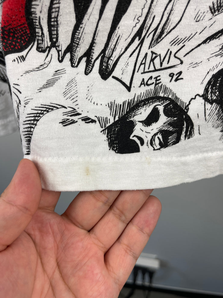 Vintage 90s Jarvis Ace Skull All Over Print White Tee