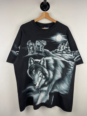 Vintage 90s Wolf Wilderness All Over Print Faded Black Tee