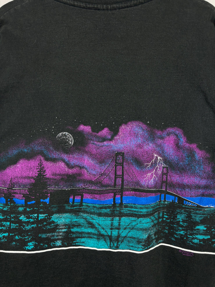 Vintage 90s Michigan Mackinac Bridge Wrap Around Black Tee