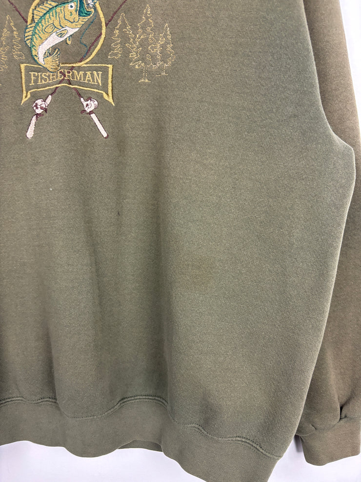 Vintage 90s Bass Fisherman Embroidered Olive Green Crewneck