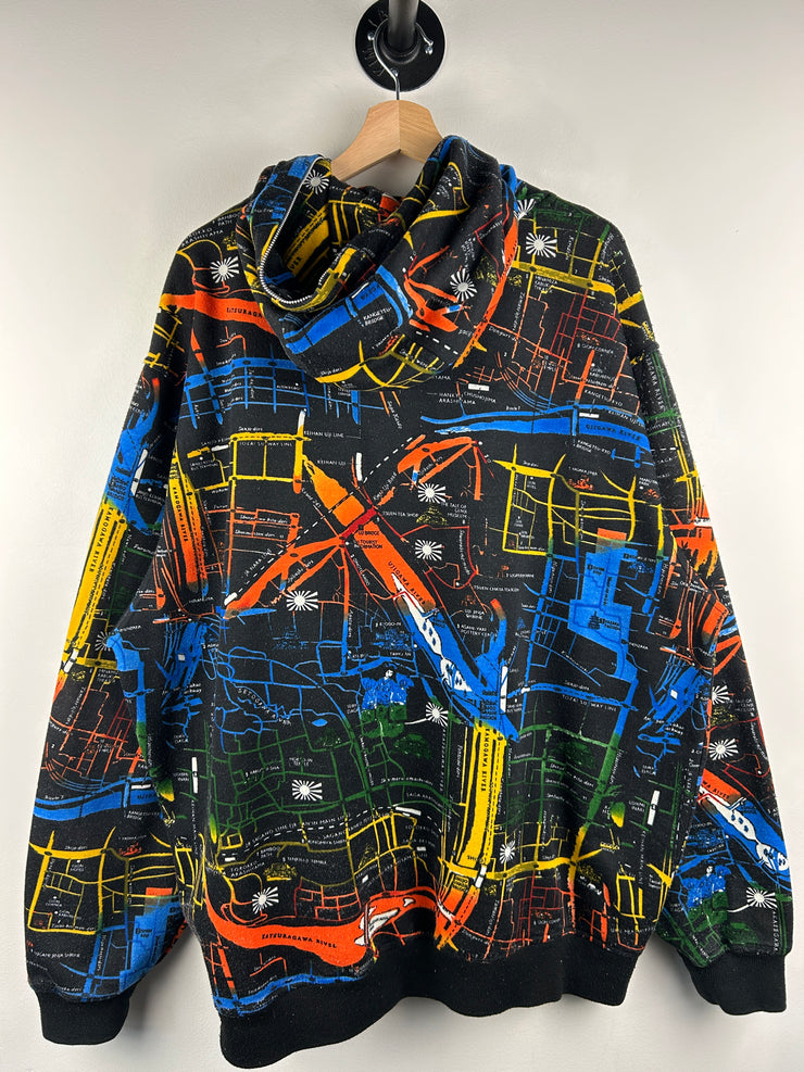 Vintage Y2K Kanji Japanese Map Black Full Zip Hoodie