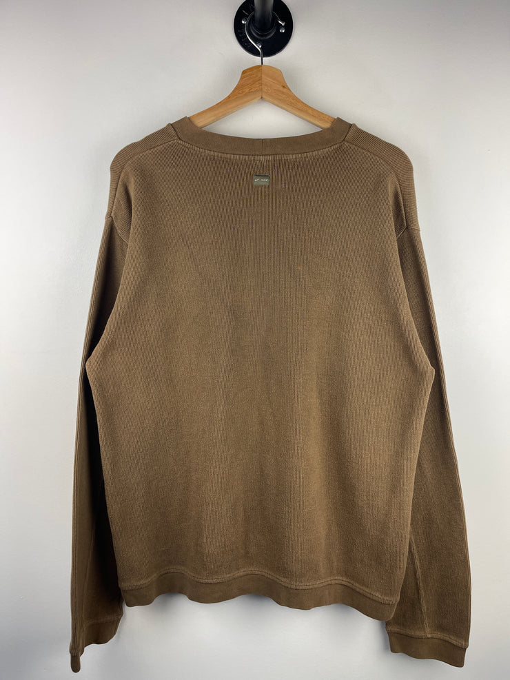 Vintage Nike Spellout Swoosh Embroidered Ribbed Brown Crewneck