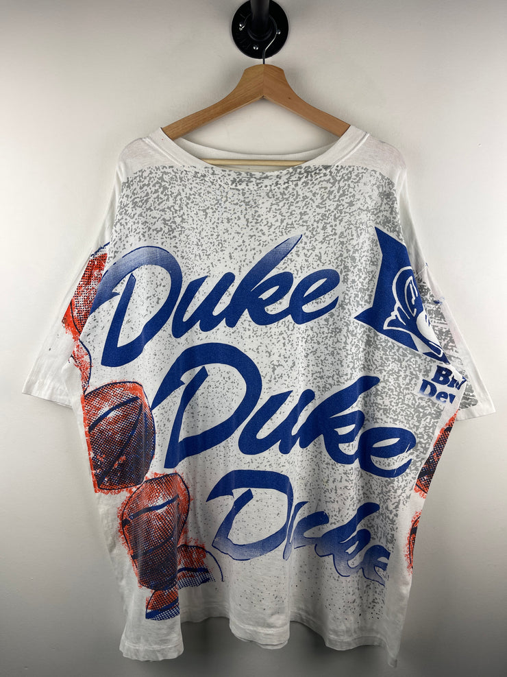 Vintage 90s Duke Blue Devils Basketball All Over Print White Tee
