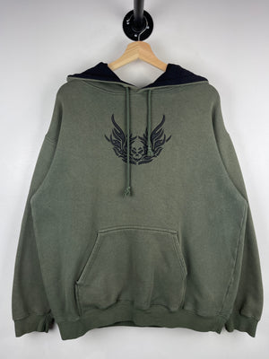 Vintage Y2K Top Heavy Skull Flames Embroidered Green Hoodie