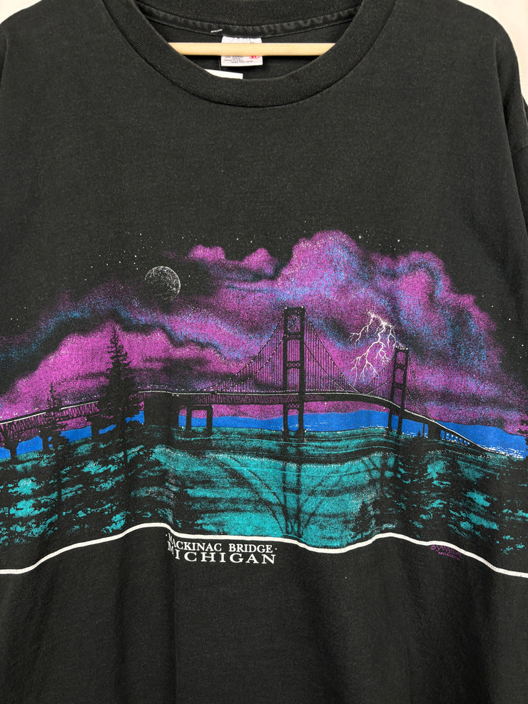 Vintage 90s Michigan Mackinac Bridge Wrap Around Black Tee