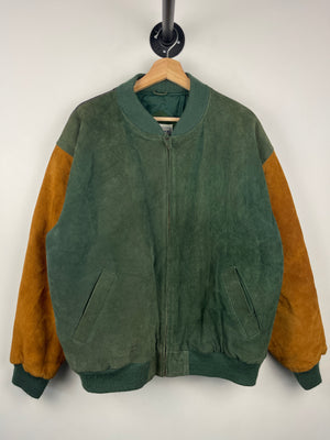 Vintage 90s Arizona Green & Orange Patchwork Suede Leather Bomber Jacket