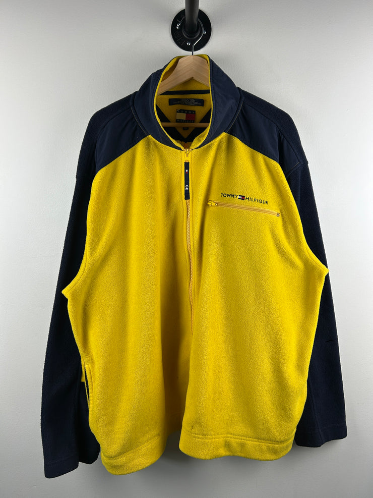 Vintage 90s Tommy Hilfiger Embroidered Yellow & Navy Zip Up Fleece Sweater