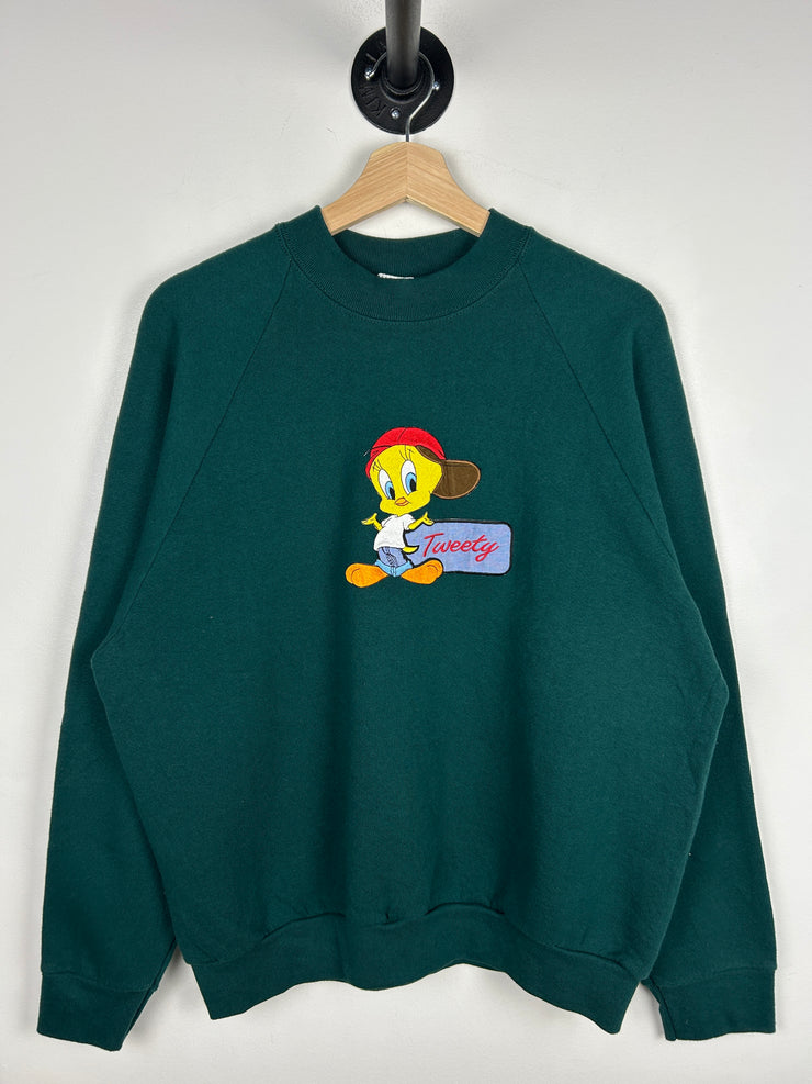 Vintage 90s Looney Tunes Tweety Embroidered Green Crewneck