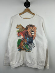 Vintage 90s Wildlife Lion Tiger Cheetah White Crewneck